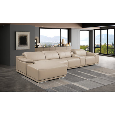 DivanItalia Cream Left-Facing 5-Piece L-Shaped Sectional in Top-Grain Italian Leather with 2 Power Recliner & Adjustable Headrests