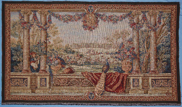 Vue à partir de la maison avec peackock et garçon tapisserie