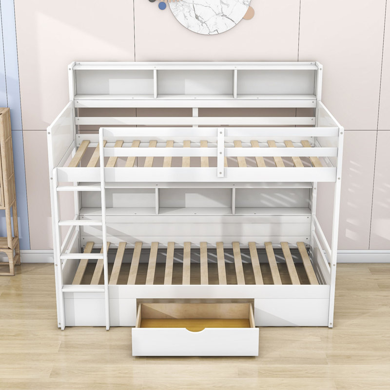 Fiquett Kids Twin Over Twin Bunk Bed with Drawers, White