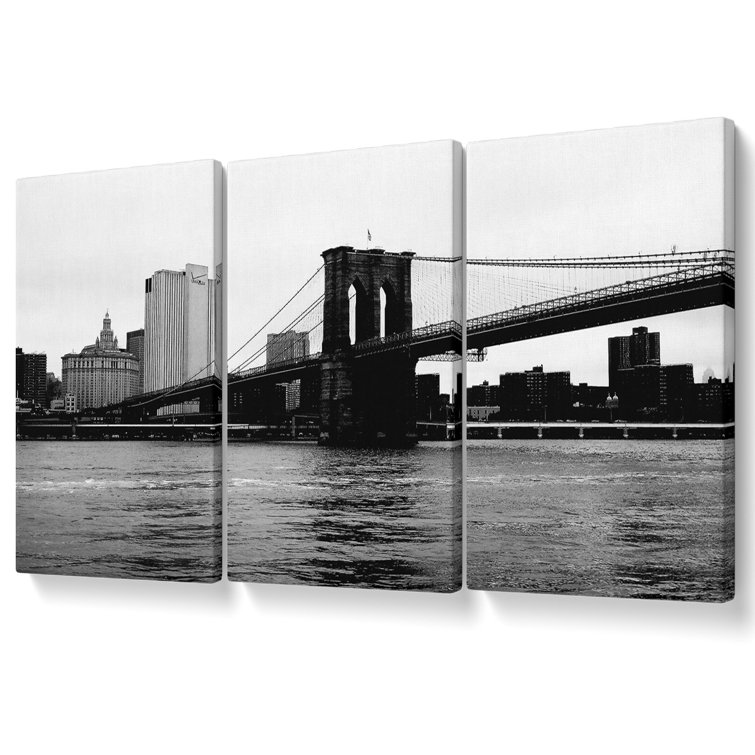 The View Of New York Under Brooklyn Bridge - 3 Piece Wrapped Canvas Print