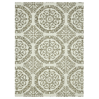 8' X 11' Ivory And Light Brown Wool Medallion Hand Hooked Area Rug