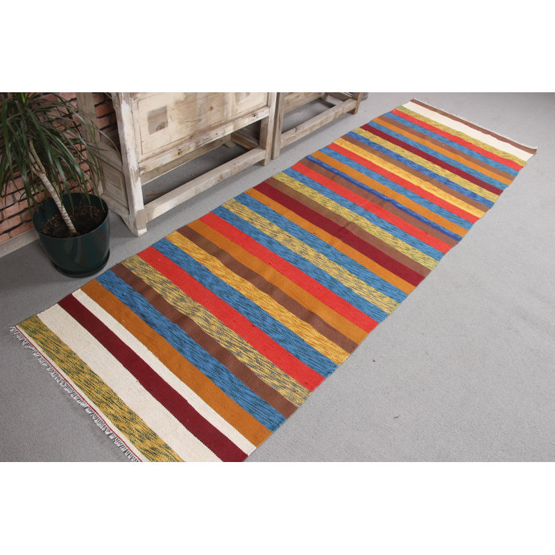 Tapis de couloir turc rétro avec frange pour le couloir en rayure jaune