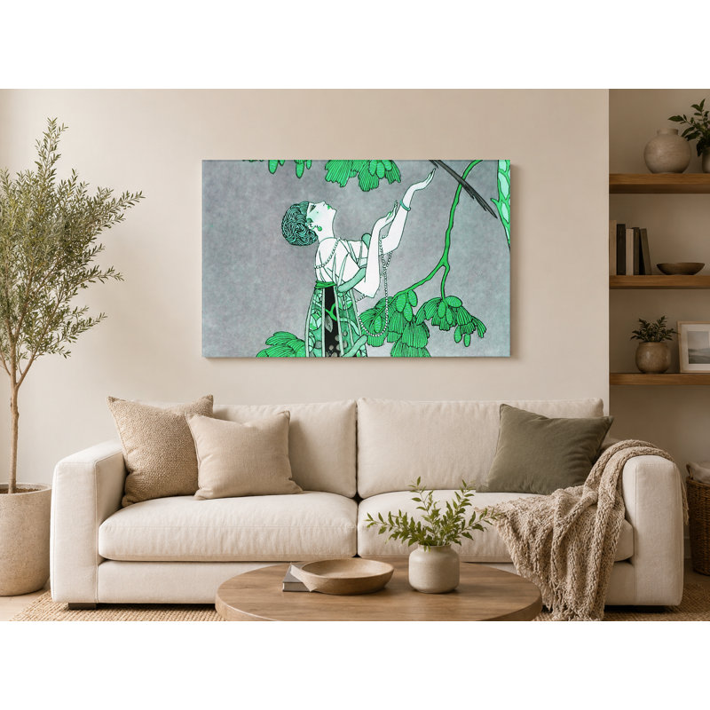 Femme avec perroquet et cage à oiseaux, 30" W x 20" H
