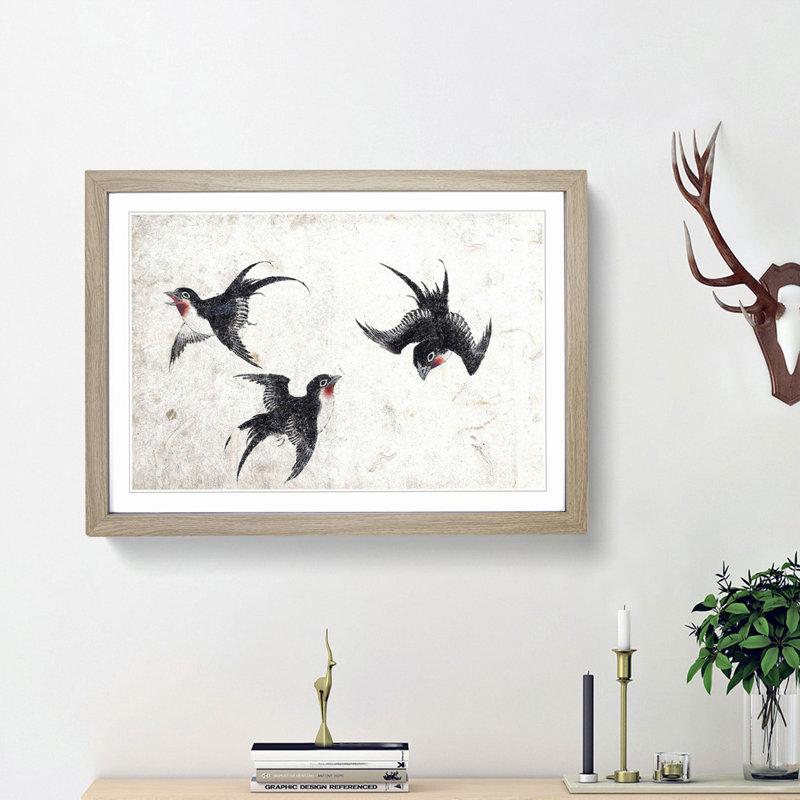 Three Swallows by Katsushika Hokusai - Picture Frame Painting Print, Oak Framed, 27cm H x 36cm W x 2cm D