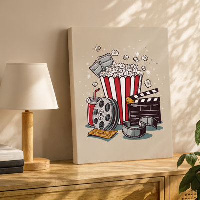 Toile, une illustration sur le thème du cinéma, vibrante et fantaisiste, avec un grand art mural rayé, un seau de maïs soufflé débordant d'art sur toile