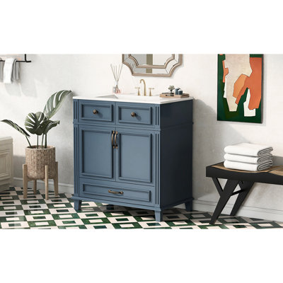 Meuble-lavabo bleu de style rétro de 30 po, structure en bois massif, lavabo en céramique, charnières à fermeture douce, rangement spacieux, motif exquis, glissière à tiroir lisse, glissière brillante, motif à rainure unique