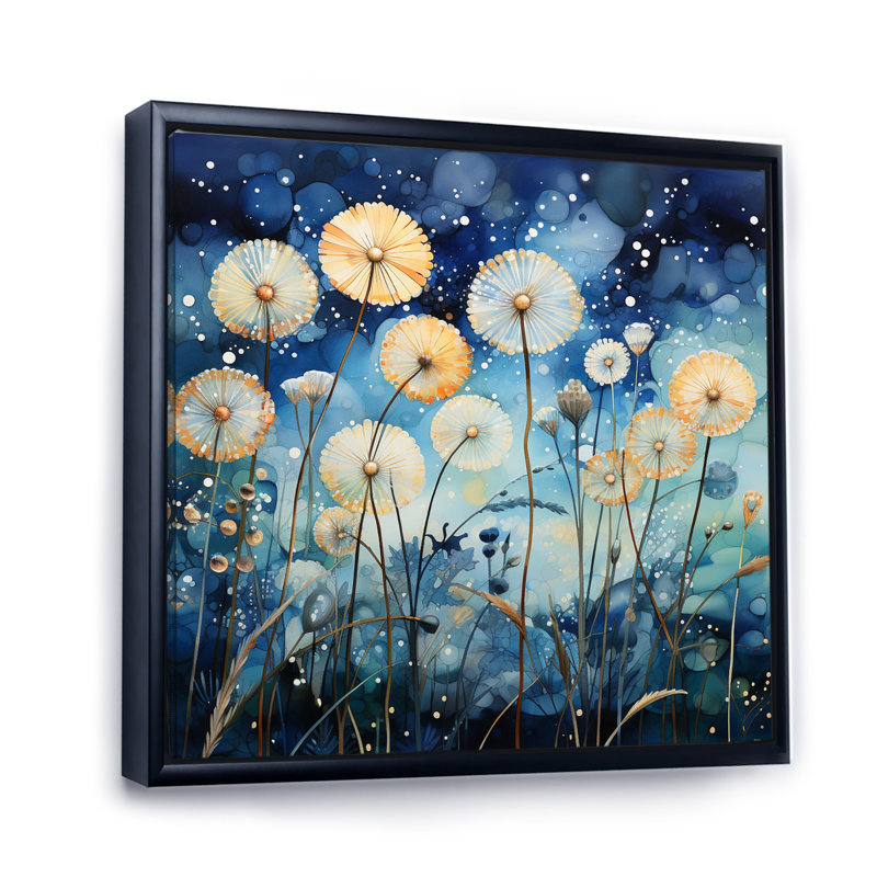 Pissenlit bleu pointillisme II - impression, H 16 po x l 16 po x P 1 po, Cadre flottant noir