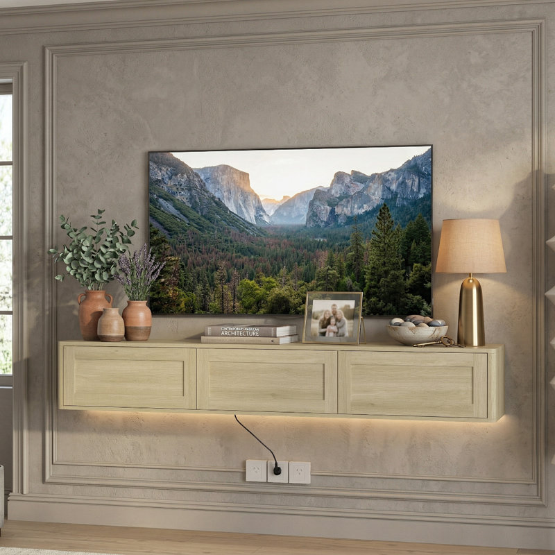 Meuble télé mural moderne avec lumières DEL et prise de courant intégrée