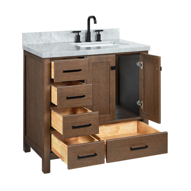Ensemble de meuble-lavabo simple 37 po Grevera, Marbre de Carrare, Chêne brun, Rectangular