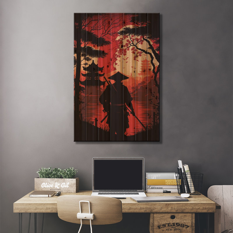 «Strouse Japanese Samurai II On Wood» par Durro, reproduction d'art, H 26 po x l 18 po x P 1,5 po
