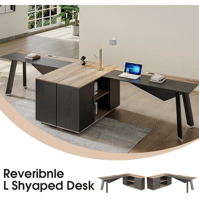 63 inches Executive Desk and 47" lateral File Cabinet, L-Shaped Desk with Storage Shelves and Doors, Modern Business Furniture Desk,Writing Table Computer Desk for Home Office