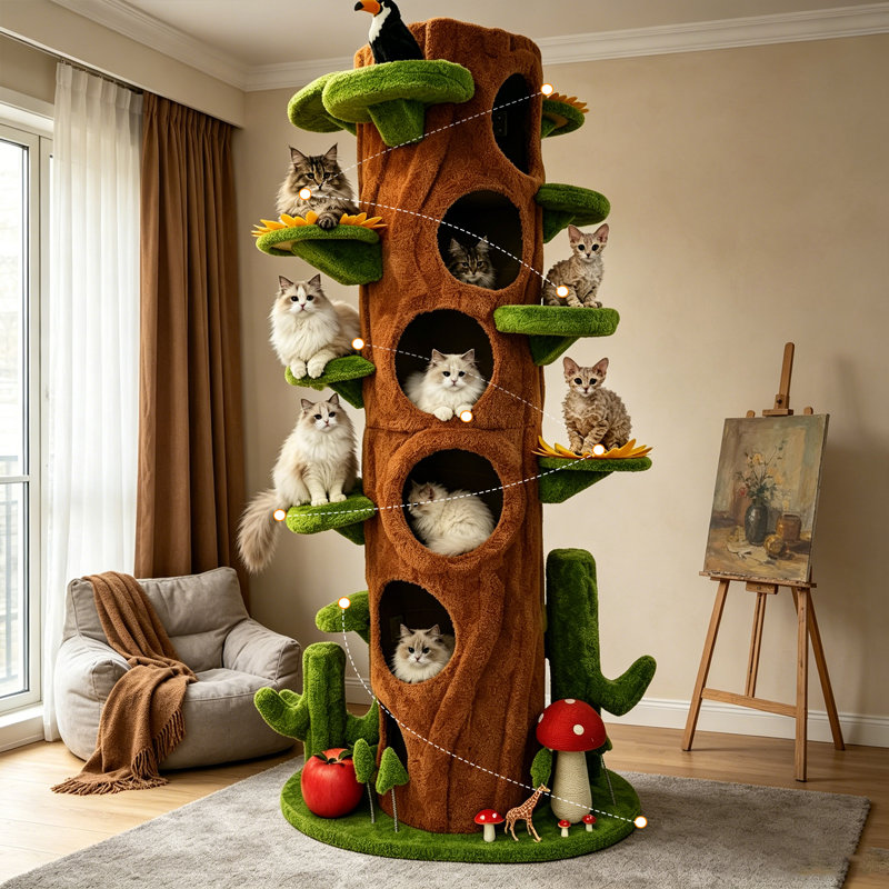 Grand arbre à chat, arbre à chat à plusieurs trous avec perchoirs à gratter en sisal, grand arbre à chat à thème nature pour chatons et toutes les races de chat