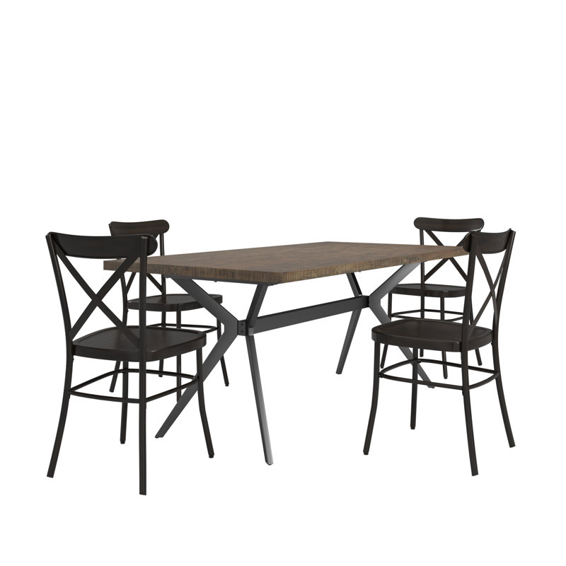 Devan 70" Iron Metal Base Dining Table And X-Back Metal Chairs Set - Table And 4 Chairs, Black, Gray