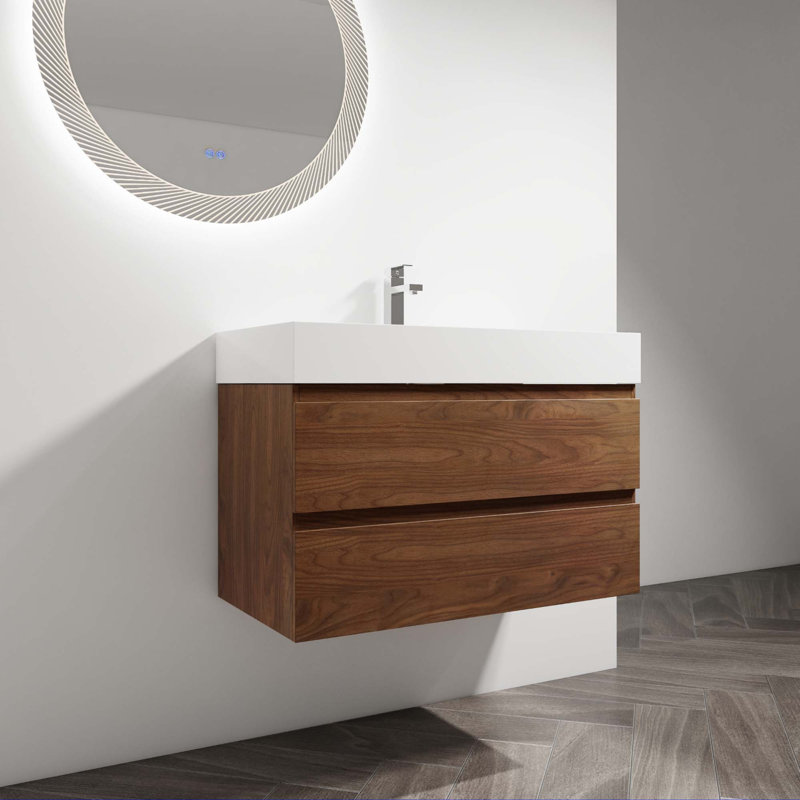 Meuble-lavabo mural avec lavabo en résine, Brun