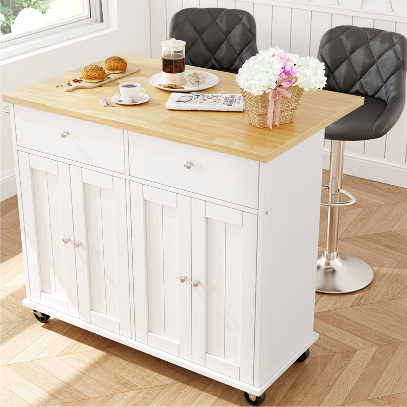 Rolling Kitchen Island Cart With Butcher Block Top – Portable Workstation With Storage Shelves, Locking Wheels, White
