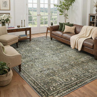 Watte Vintage Floral Border Washable Area Rug, Soft Low Pile Indoor Rug for Living Room, Bedroom & Dining Room