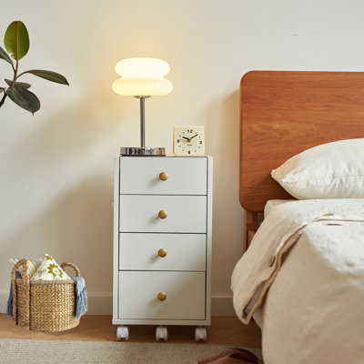 4 Drawers White Storage Cabinet Wood Nightstand , Home Office Cabinet with Removable Wheels, Livingroom End Table with Glass Top Panel,Bachelor's Chest