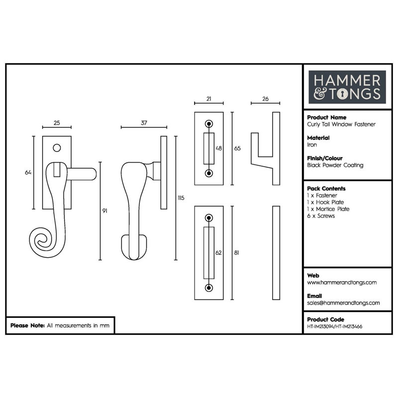 Hammer & Tongs - Curly Tail Window Fastener - Right Handed - W46mm x H108mm - Black