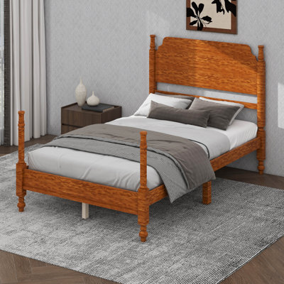 Structure de lit en bois avec tête de lit, poteau en bois traditionnel