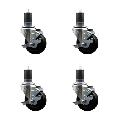 Hard Rubber Swivel Expanding Stem Caster Set with Brake SCC TLB 3.5" x 1-5/8"