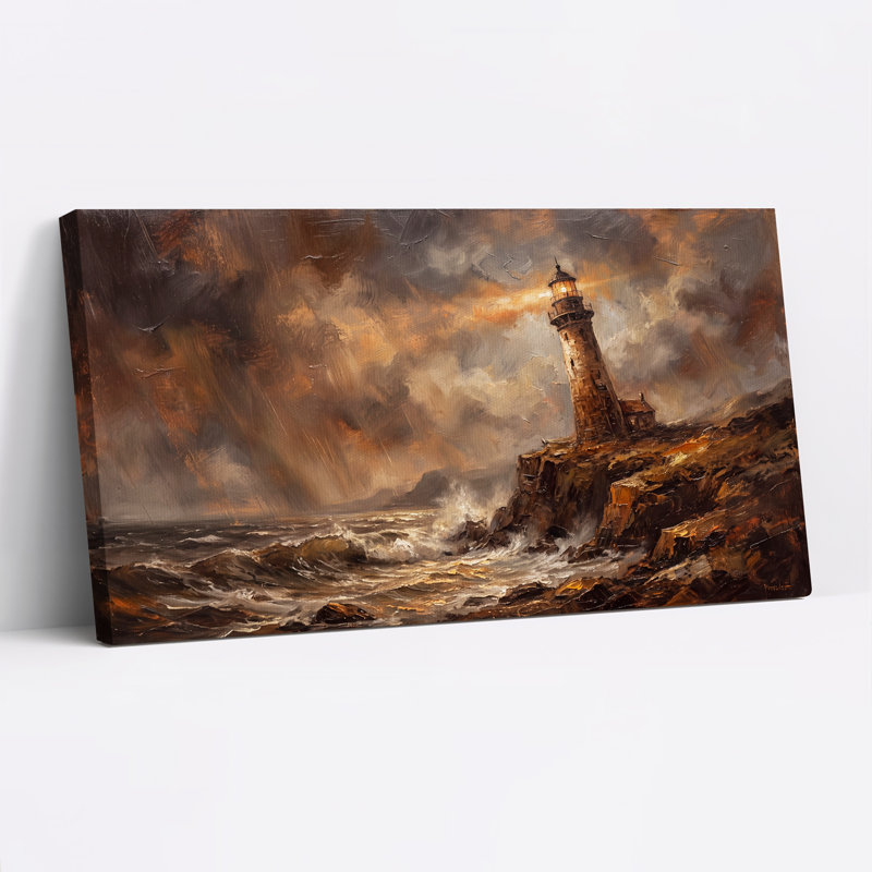Phare sur falaise rocheuse en mer déchaînée - Toile murale d'Halloween, 32“W x 16”H