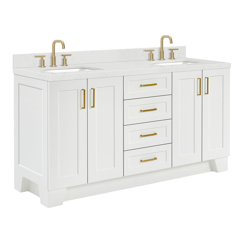 Freitas 66'' Solid Wood Double Bathroom Vanity in White with 1.5'' Carrara White Quartz Top, Center, Rectangle Sink, White