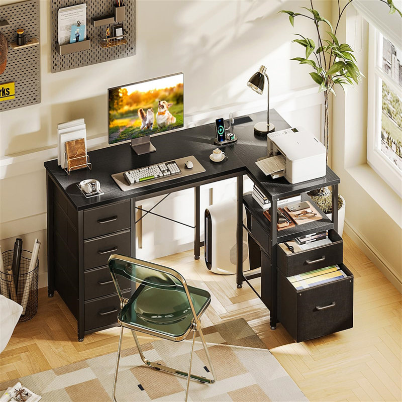 Corner Computer Desk With 1 Filing Cabinet And 5 Linen Drawers, L-Shaped Desk With Power Outlets, Black