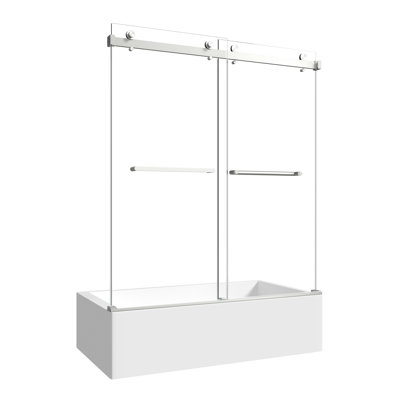 Porte de douche coulissante double en nickel brossé de 55 po à 60 po de large X, verre trempé 5/16 po 8 mm, coin, poignées pratiques, glissières latérales imperméables