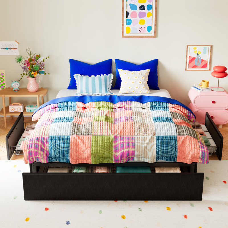 Caelib Faux Leather Upholstered Platform Bed with 3 Large Drawers, Full/Double
