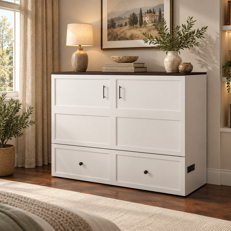 Armoire lit escamotable Farmhouse avec tiroir de rangement, station de charge USB et conception escamotable, Lit double