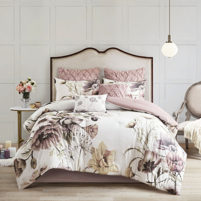 Édredon en coton fard à joues très grand - 8 pièces avec taies décoratives européennes et coussins moelleux à imprimé floral et vapeur