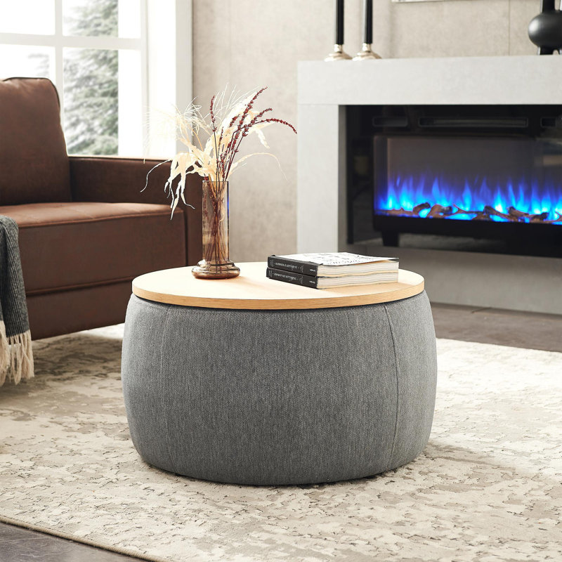 Round Storage Ottoman, 2 In 1 Function, Work As End Table And Ottoman, Dark Grey (25.5"X25.5"X14.5"), Dark Gray