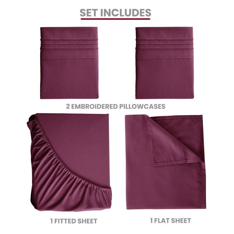 Lux Decor 4-Piece Ultra Soft Microfiber Sheet Set Deep Pocket Fitted Sheet, Wrinkle-Resistant & Easy Care Bedding, Burgundy