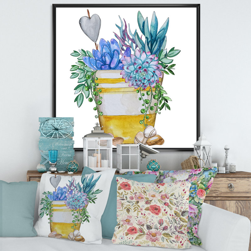 «Blue Succulent Plant Composition», impression sur toile, H 16 po x l 16 po x P 1 po, Cadre flottant noir