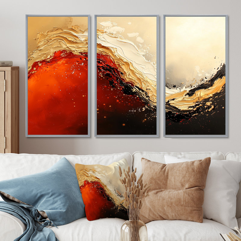 «Red and Golden Desert Wave I», ensemble d'art mural abstrait, H 28 po x l 36 po, Reproduction avec cadre flottant