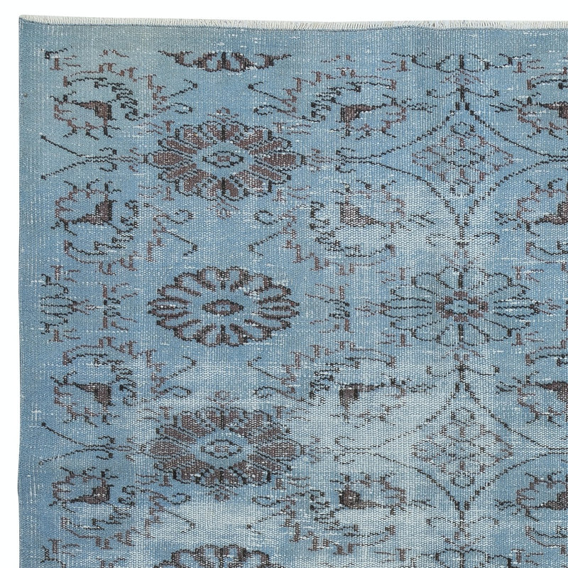 Tapis bleu à motif floral 5 x 8,8 pi pour intérieurs modernes, fabriqué à la main en Turquie
