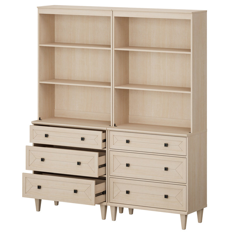 Bibliothèque faite à la main de 63 po de large avec tiroirs, beige, Beige