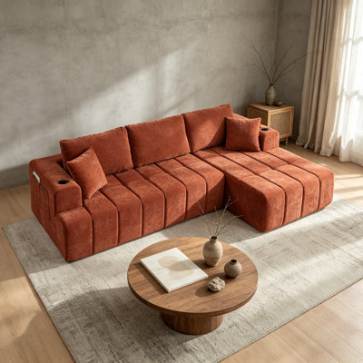 Canapé modulaire en L 108 po gris foncé en chenille modulaire, canapé à compression 4 places avec méridienne droite, porte-gobelets et poches latérales, canapé rembourré sans assemblage pour le salon