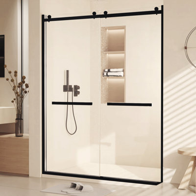 Porte de douche semi-sans cadre 60 po x 76 po, porte de douche coulissante double, porte de douche en verre trempé transparent de 3/8 po (10 mm) avec poignées doubles en acier inoxydable pour salle de bain, tube carré