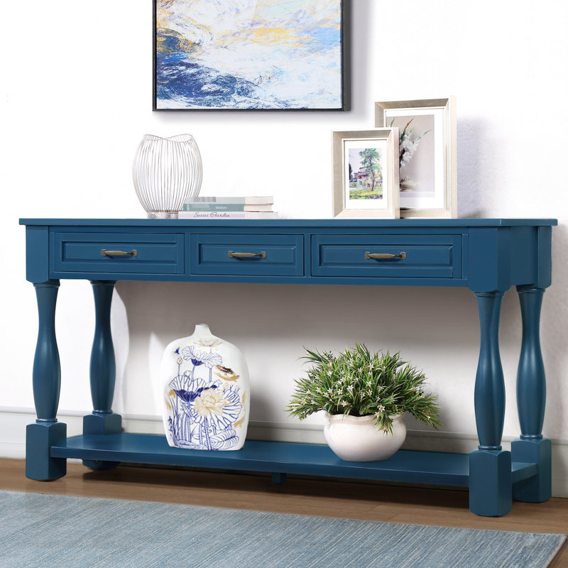 Hallway Table, 63" With 3 Drawers. Navy Blue, Solid Wood Legs, Stable Structure, Easy Installation 63inch Long Console Table. Pine Ample Storage Space, Quick Assembly Process