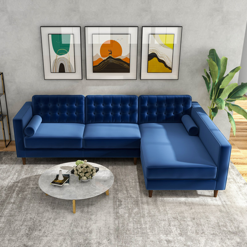Antenore Velvet L-Shaped Sectional, Dark Blue Velvet, Right Hand Facing