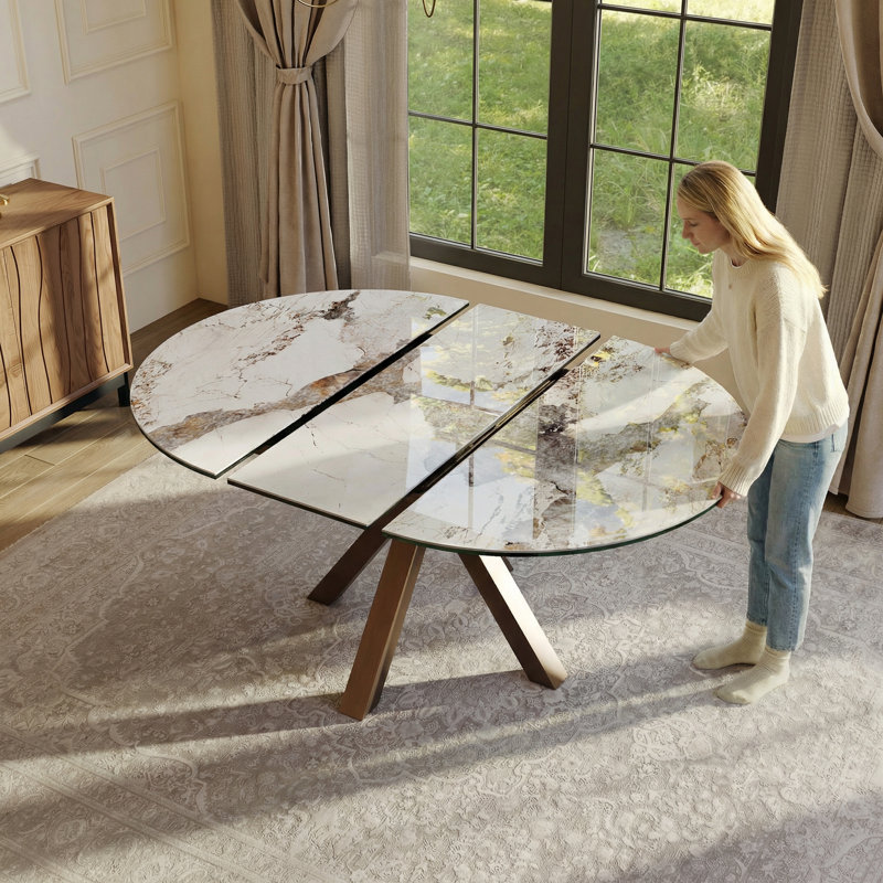 47"-63" Round Extendable Dining Table, Modern Round Dining Table For 4-6 Person, Sintered Stone Dining Table With Pedestal Base