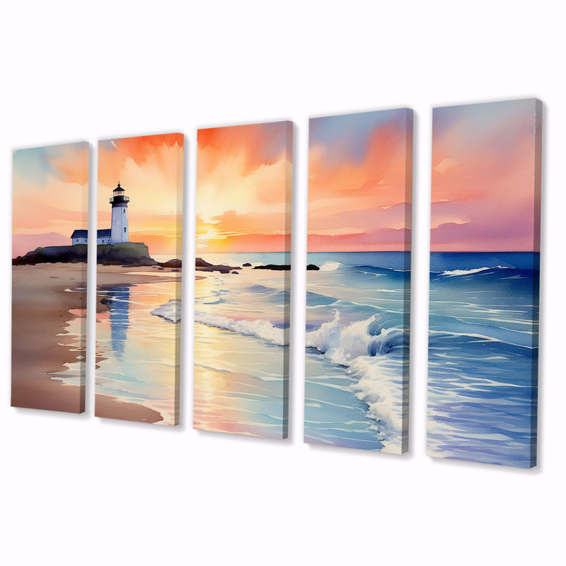 5 pièces d'art mural orange, coucher de soleil sur la côte, plage, H 28 po x l 60 po