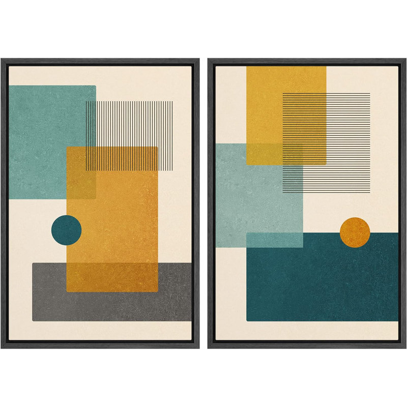 Abstrait, blocs de couleurs vibrantes, sarcelle et jaune, formes abstraites, moderne et chic sur toile, 2 pièces