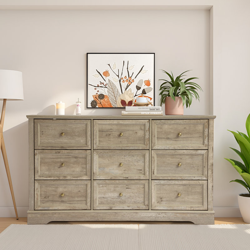 Farmhouse 9 Drawers Dresser, Storage Dressers Organizer For Bedroom, Gray