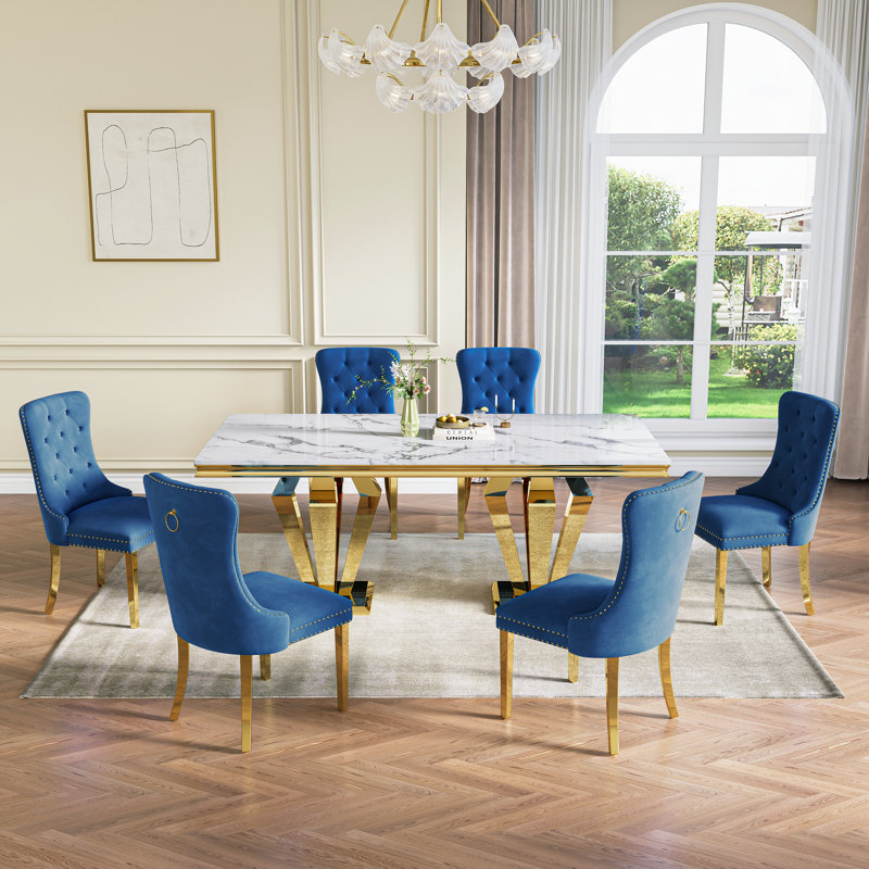 Faux Marble Dining Set With Diamond-shaped Metal Base, 7 Pieces: Table, 6 Chairs, Blue/Gold, White/Gold