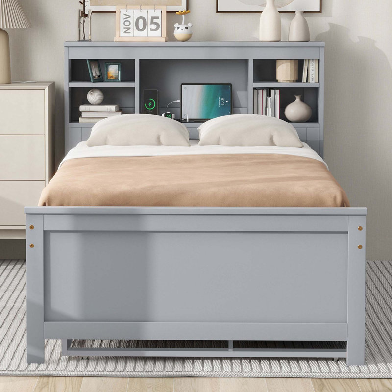 Lit plateforme avec tête de lit, USB, lit gigogne simple et 3 tiroirs, Gris, Simple