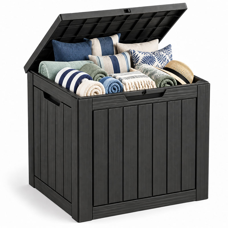 Coffre de terrasse résistant aux intempéries de 30 gallons avec couvercle verrouillable et fini aspect bois