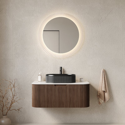 36" Bathroom Vanity With Sink, Modern Wall-Mounted Curved Edges Striped Bathroom Storage Cabinet With A Drawer, Black Ceramic Vessel Basin, No Faucet, Pre-Assembled, Dark Walnut Woodgrain Color