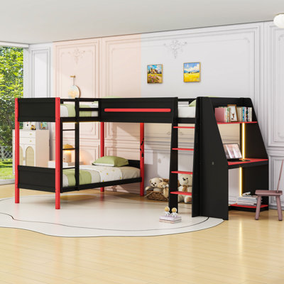 Lit superposé simple au-dessus de simple avec lit mezzanine simple, éclairage à DEL intégré, tablette et bureau